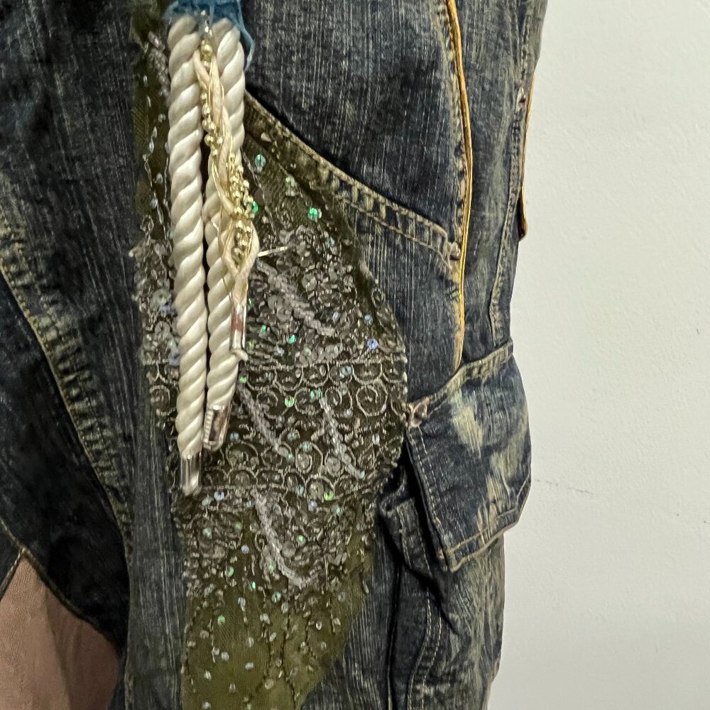 Hazel blue denim sequin embroidered midi zip fly lined skirt S ANTRHOPOLOGIE NWT - Picture 8 of 12